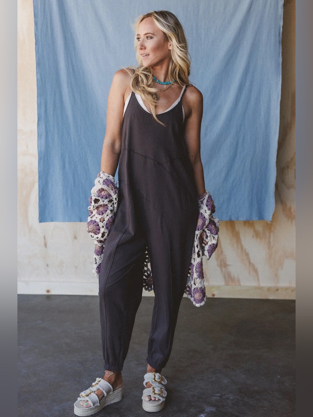 Very J Sleeveless Knit Comfy Casual Jumpsuit - Charcoal S